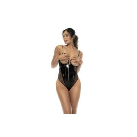 Bodystring Esmee seins nus avec armatures en vinyl et résille noir, zip fonctionnel sur le devant 